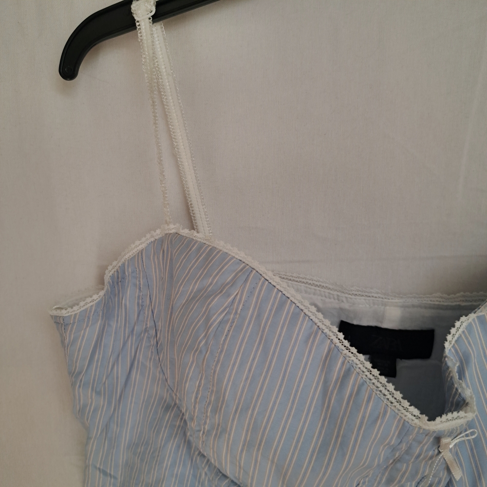 Zara Blue White Pinstripe Corset‎ Peplum Top Lace Trim Sweetheart Camisole XL - Picture 4 of 9